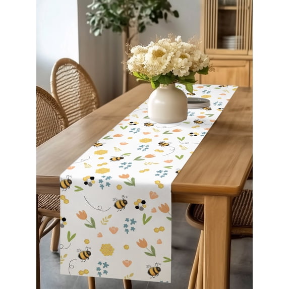 Burlap Table Runner 60 Inches Long, Spring Tulips Flower Bees ...