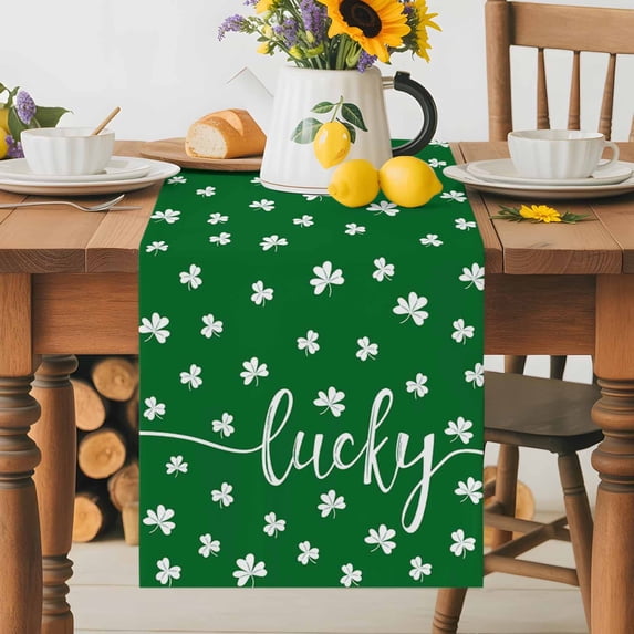 Burlap Table Runner 60 Inches Long, St Patrick's Day Lucky Leaves Non-Slip Kitchen Table Runners for Dining Room Everyday Use Party Table Decorations White Shamrock on Green