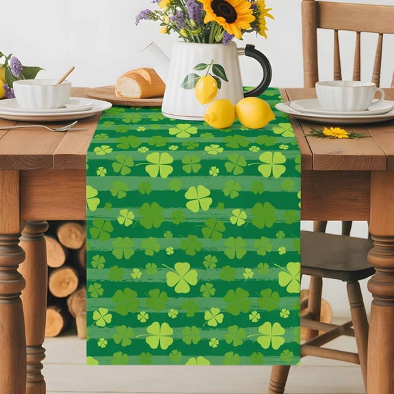 Burlap Table Runner 60 Inches Long, St. Patrick's Day Spring Bright Green Clovers Non-Slip Kitchen Table Runners for Dining Room Everyday Use Party Table Decorations Plant on Stripe