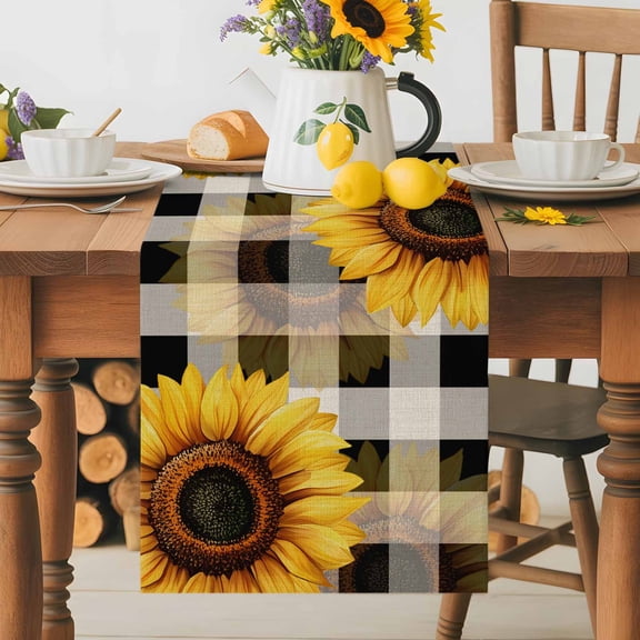 Burlap Table Runner 60 Inches Long, Summer Watercolor Sunflower Still Life Non-Slip Kitchen Table Runners for Dining Room Everyday Use Party Table Decorations Black Gingham Check