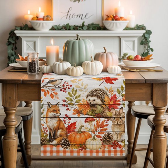 Burlap Table Runner 60 Inches Long, Thanksgiving Red Fox Rabbit Hedgehog Non-Slip Kitchen Table Runners for Dining Room Everyday Use Party Table Decorations Maple Leaves