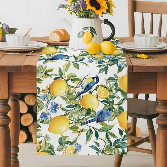 Burlap Table Runner 60 Inches Long, Watercolor Summer Lemon Bird Non-Slip Kitchen Table Runners for Dining Room Everyday Use Party Table Decorations Vintage Flower Leaves