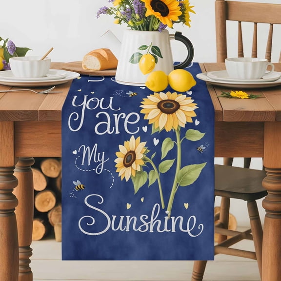 Burlap Table Runner 60 Inches Long, You Are My Sunshine Words Non-Slip Kitchen Table Runners for Dining Room Everyday Use Party Table Decorations Farm Sunflowers Bee on Blue