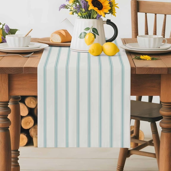 Burlap Table Runner 70 Inches Long, Abstract Teal Stripe Geometric Art Non-Slip Kitchen Table Runners for Dining Room Everyday Use Party Table Decorations Modern Pinstripes on Beige