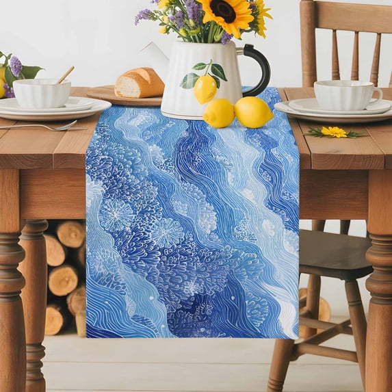 Burlap Table Runner 70 Inches Long, Abstract Watercolor Ocean Wave Non-Slip Kitchen Table Runners for Dining Room Everyday Use Party Table Decorations Blue Marine Coral Texture