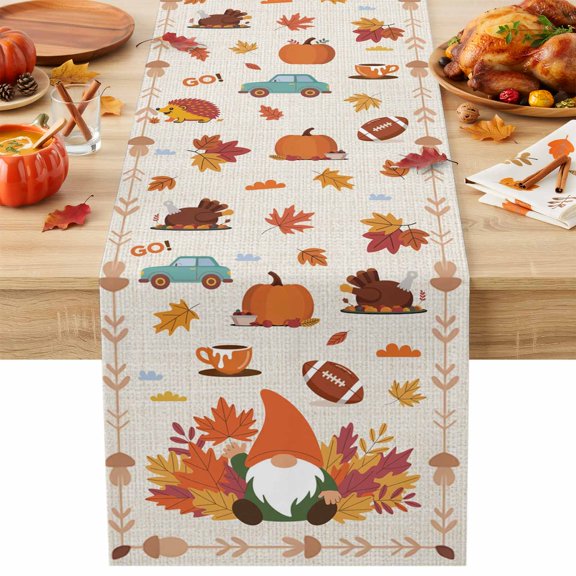 Burlap Table Runner 70 Inches Long, Autumn Gnome Maple Leaf on Linen Non-Slip Kitchen Table Runners for Dining Room Everyday Use Party Table Decorations Thanksgiving Cartoon Theme