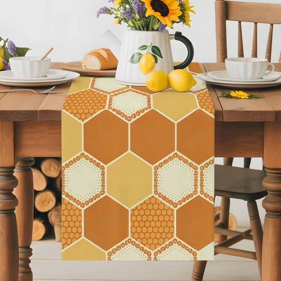 Burlap Table Runner 70 Inches Long, Autumn Orange Grid Hexagon Non-Slip Kitchen Table Runners for Dining Room Everyday Use Party Table Decorations Color Block