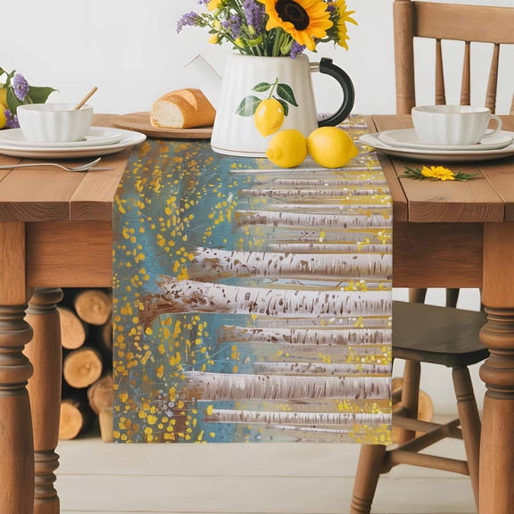 Burlap Table Runner 70 Inches Long, Birch Tree Retro Oil Painting Art Non-Slip Kitchen Table Runners for Dining Room Everyday Use Party Table Decorations Forest Yellow Flowers