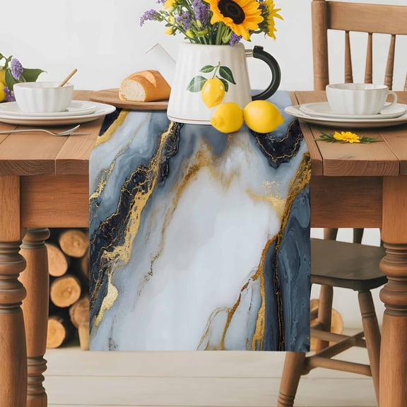 Burlap Table Runner 70 Inches Long,Black Gray Marble Gold Line Non-Slip Kitchen Table Runners for Dining Room Everyday Use Party Table Decorations Abstract Art