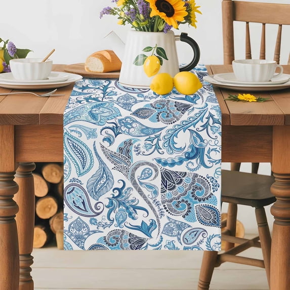 Burlap Table Runner 70 Inches Long, Blue Gradient Paisley Flower Non-Slip Kitchen Table Runners for Dining Room Everyday Use Party Table Decorations Abstract Ethnic Floral