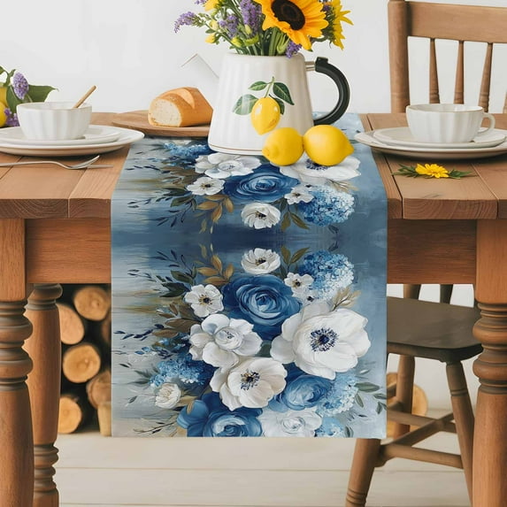 Burlap Table Runner 70 Inches Long,Blue Hydrangeas Floral Art Non-Slip Kitchen Table Runners for Dining Room Everyday Use Party Table Decorations Country White Peony Flower
