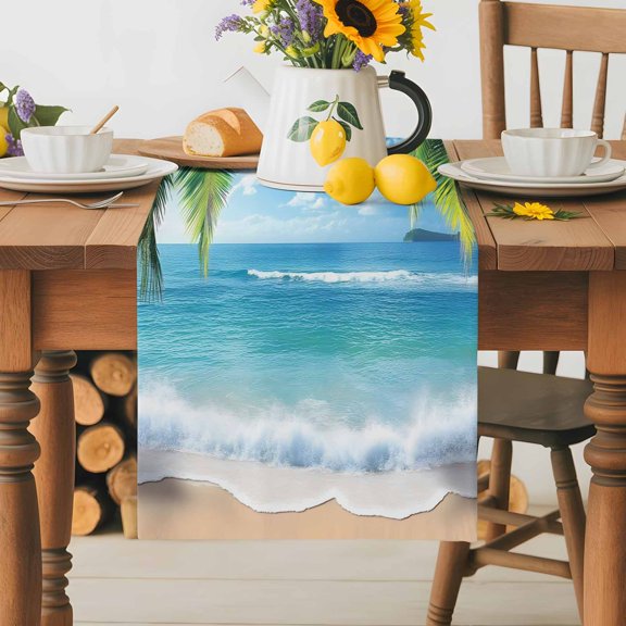 Burlap Table Runner 70 Inches Long,Blue Ocean Beach Sea Water Non-Slip Kitchen Table Runners for Dining Room Everyday Use Party Table Decorations Summer Tropical Leaves