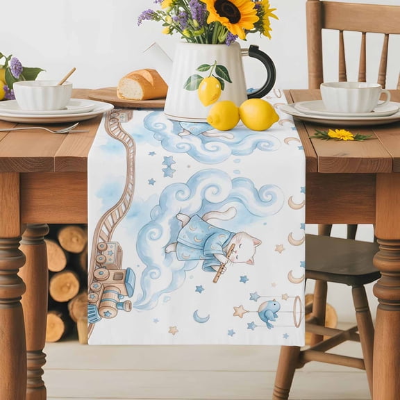 Burlap Table Runner 70 Inches Long,Cartoon Cats Stars Clouds Rail Orbiting Non-Slip Kitchen Table Runners for Dining Room Everyday Use Party Table Decorations Blue Birds Moon