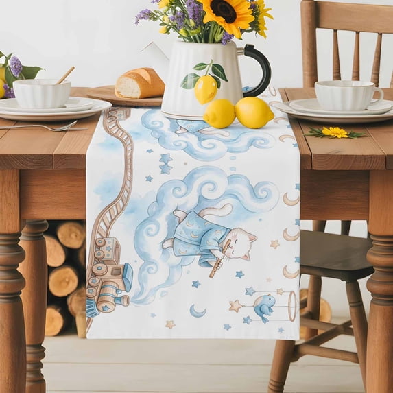 Burlap Table Runner 70 Inches Long,Cartoon Cats Stars Clouds Rail Orbiting Non-Slip Kitchen Table Runners for Dining Room Everyday Use Party Table Decorations Blue Birds Moon