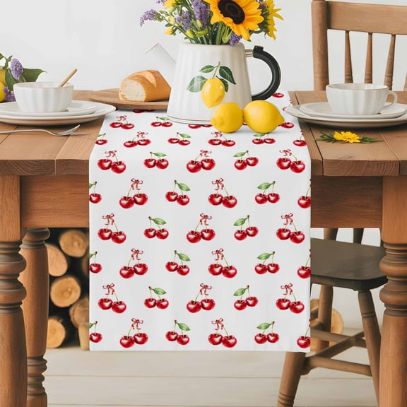 Burlap Table Runner 70 Inches Long,Cherry Farm Fruit Seamless Non-Slip Kitchen Table Runners for Dining Room Everyday Use Party Table Decorations Green Leaves