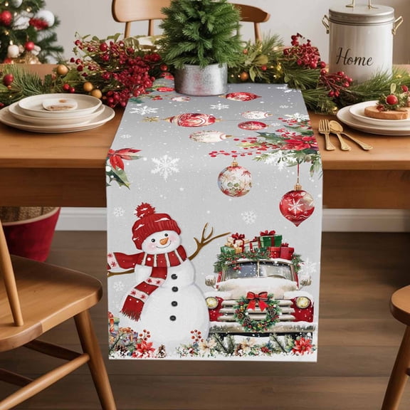 Burlap Table Runner 70 Inches Long,Christmas Snowman Farm Truck Non-Slip Kitchen Table Runners for Dining Room Everyday Use Party Table Decorations Xmas Bell Poinsettia Flower