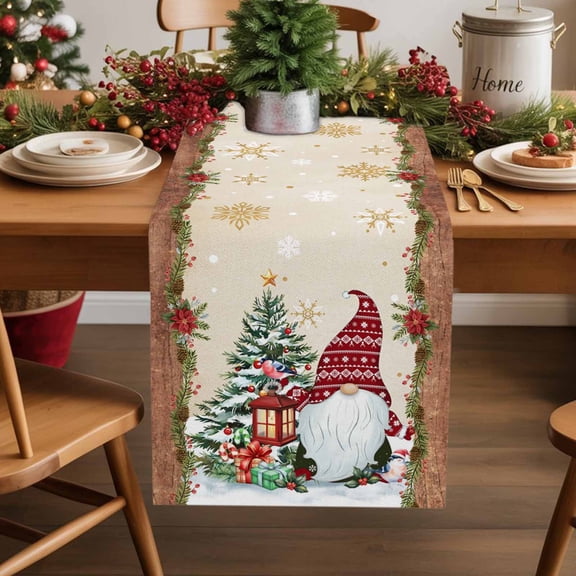 Burlap Table Runner 70 Inches Long,Christmas Tree Dwarf Non-Slip Kitchen Table Runners for Dining Room Everyday Use Party Table Decorations Snowflake on Gold Background