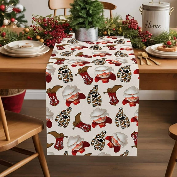Burlap Table Runner 70 Inches Long,Christmas Western Cowboy Santa Non-Slip Kitchen Table Runners for Dining Room Everyday Use Party Table Decorations Seamless Boot Cow Cactus
