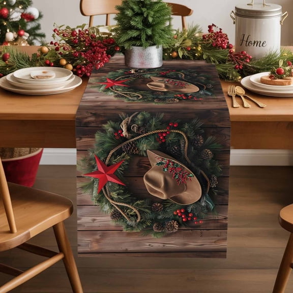 Burlap Table Runner 70 Inches Long,Christmas Wreath Star Western Cowboy Hat Non-Slip Kitchen Table Runners for Dining Room Everyday Use Party Table Decorations Farmhouse Wood Grain