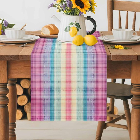 Burlap Table Runner 70 Inches Long, Colorful Gradient Check Seamless Non-Slip Kitchen Table Runners for Dining Room Everyday Use Party Table Decorations Traditional Plaid Texture