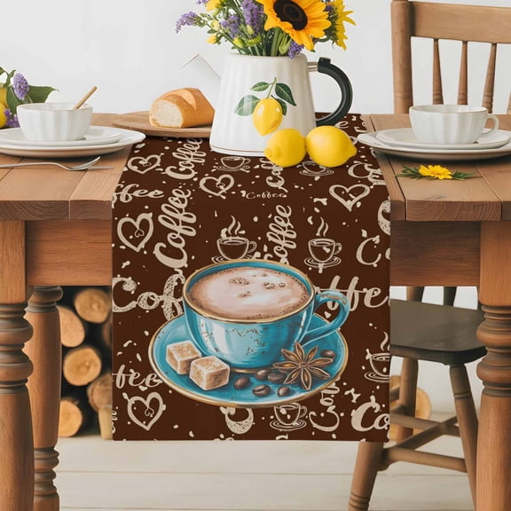Burlap Table Runner 70 Inches Long,Country Coffee Sugar Blue Cup Non-Slip Kitchen Table Runners for Dining Room Everyday Use Party Table Decorations Farmhouse Graffiti Art Brown Back