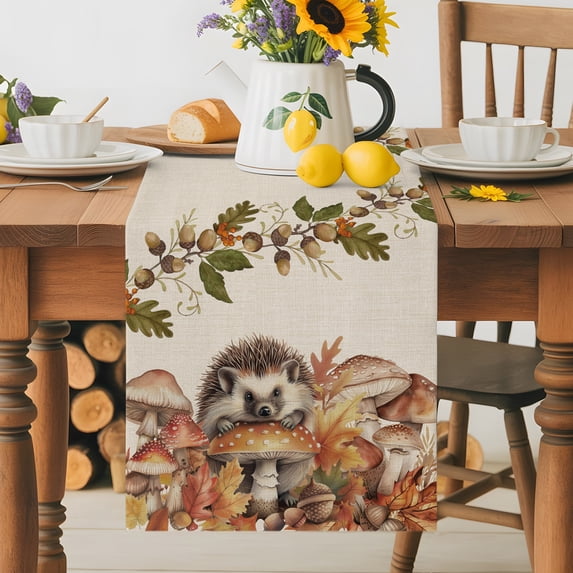 Burlap Table Runner 70 Inches Long, Cute Hedgehog Fall Mushroom on ...