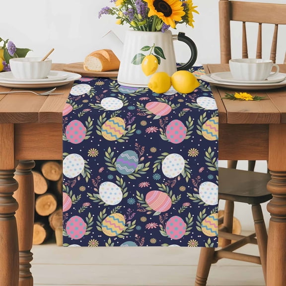 Burlap Table Runner 70 Inches Long, Easter Eggs Leaf Flower Non-Slip Kitchen Table Runners for Dining Room Everyday Use Party Table Decorations Stripe Polka Dot Eggs on Dark