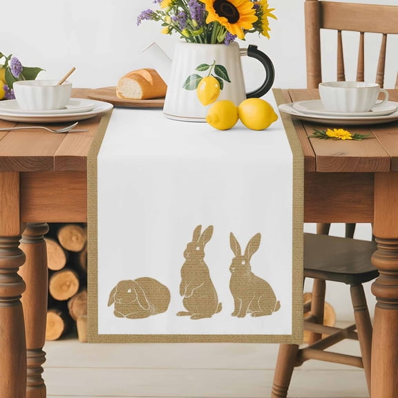 Burlap Table Runner 70 Inches Long,Easter Farm Rabbit Silhouette Non-Slip Kitchen Table Runners for Dining Room Everyday Use Party Table Decorations Rustic Linen Texture Bunny