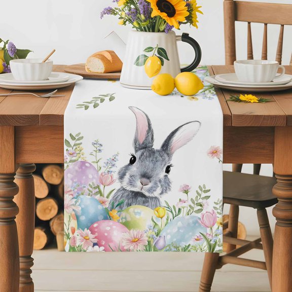Burlap Table Runner 70 Inches Long, Easter Rabbit Spring Flower Leaf Non-Slip Kitchen Table Runners for Dining Room Everyday Use Party Table Decorations Blue Pink Green Purple Egg