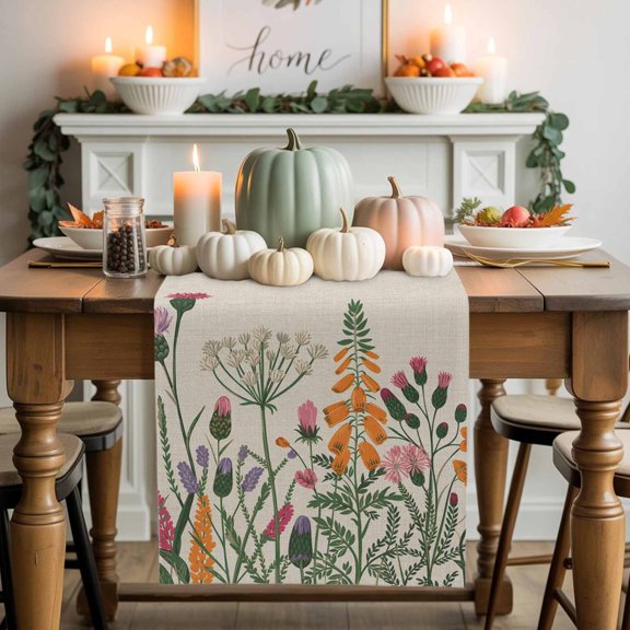 Burlap Table Runner 70 Inches Long,Farm Flower Leaves Plant Non-Slip Kitchen Table Runners for Dining Room Everyday Use Party Table Decorations Wildflowers Retro Linen