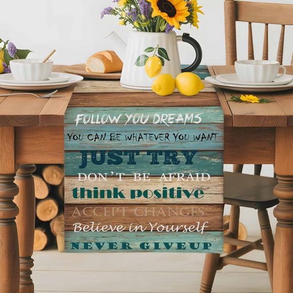 Burlap Table Runner 70 Inches Long,Farmhosue Motivational Quotes Non-Slip Kitchen Table Runners for Dining Room Everyday Use Party Table Decorations Farm Wood Plank