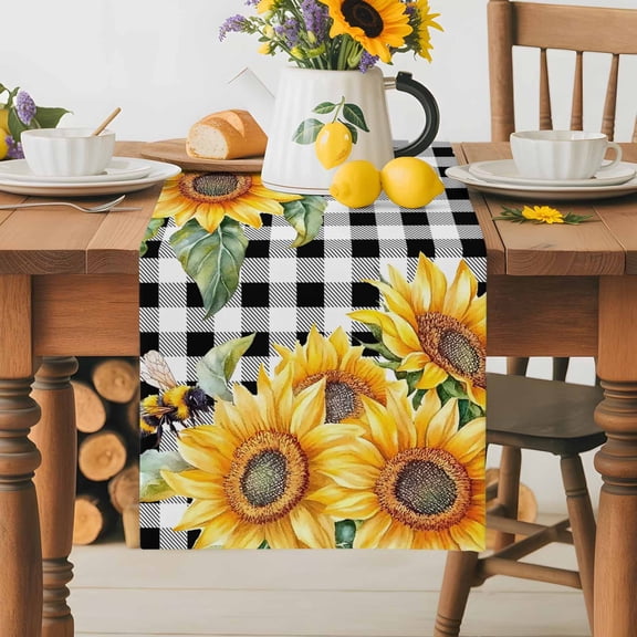 Burlap Table Runner 70 Inches Long,Farmhouse Watercolor Sunflower Bee Non-Slip Kitchen Table Runners for Dining Room Everyday Use Party Table Decorations Black White Buffalo Plaid