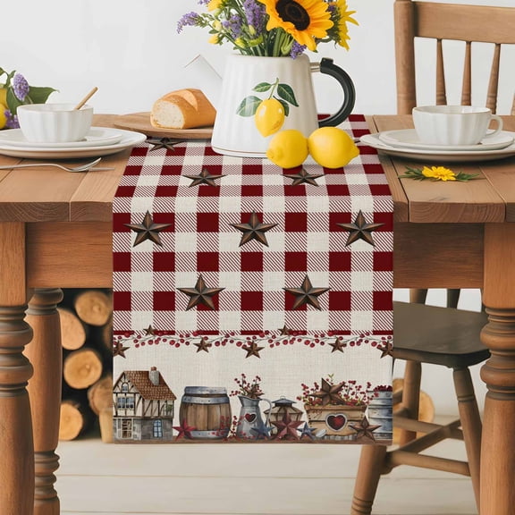 Burlap Table Runner 70 Inches Long,Farmhouse Western Star on Beige Non-Slip Kitchen Table Runners for Dining Room Everyday Use Party Table Decorations Red Checkered Plaid