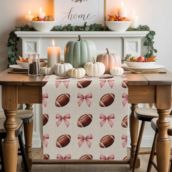 Burlap Table Runner 70 Inches Long,Football Rugby Pink Bow Seamless Non-Slip Kitchen Table Runners for Dining Room Everyday Use Party Table Decorations Retro Linen