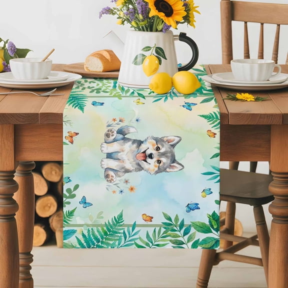 Burlap Table Runner 70 Inches Long,Forest Green Leaf Wolf Non-Slip Kitchen Table Runners for Dining Room Everyday Use Party Table Decorations Cartoon Animal Rustic Butterfly Flower