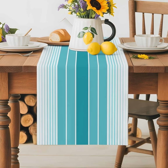 Burlap Table Runner 70 Inches Long, Gradient Turquoise White Stripes Non-Slip Kitchen Table Runners for Dining Room Everyday Use Party Table Decorations Ombre Abstract Art