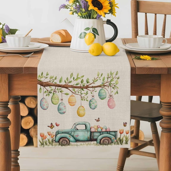 Burlap Table Runner 70 Inches Long,Green Truck Watercolor Easter Egg Flower Non-Slip Kitchen Table Runners for Dining Room Everyday Use Party Table Decorations Linen Background