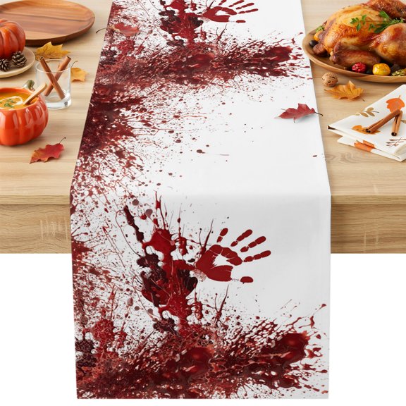 Burlap Table Runner 70 Inches Long, Halloween Bloody Handprint Non-Slip Kitchen Table Runners for Dining Room Everyday Use Party Table Decorations Horror Blood Bloody Palm