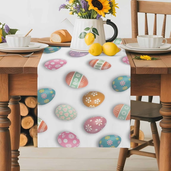 Burlap Table Runner 70 Inches Long,Happy Easter Watercolor Seamless Colorful Egg Non-Slip Kitchen Table Runners for Dining Room Everyday Use Party Table Decorations White Back