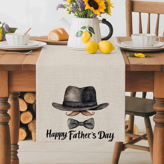 Burlap Table Runner 70 Inches Long,Happy Father's Day Bow Tie Hat Non-Slip Kitchen Table Runners for Dining Room Everyday Use Party Table Decorations Watercolor Beard on Burlap