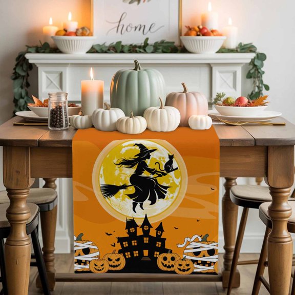 Burlap Table Runner 70 Inches Long,Happy Halloween Witch Orange Moon Non-Slip Kitchen Table Runners for Dining Room Everyday Use Party Table Decorations Dead Trees Pumpkin Haunted House