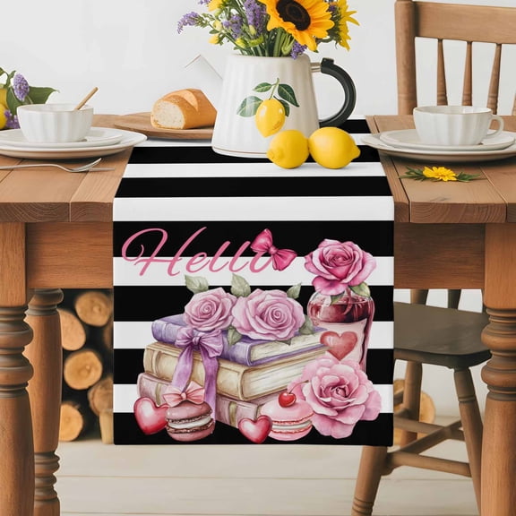 Burlap Table Runner 70 Inches Long, Hello Words Pink Flower Non-Slip Kitchen Table Runners for Dining Room Everyday Use Party Table Decorations Floral on Black White Striped