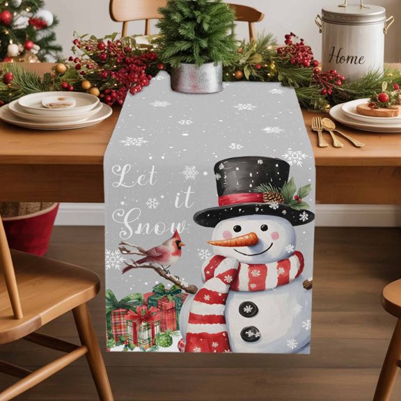 Burlap Table Runner 70 Inches Long,Let Snow Words on Gray Background Non-Slip Kitchen Table Runners for Dining Room Everyday Use Party Table Decorations Winter Snowman Bird