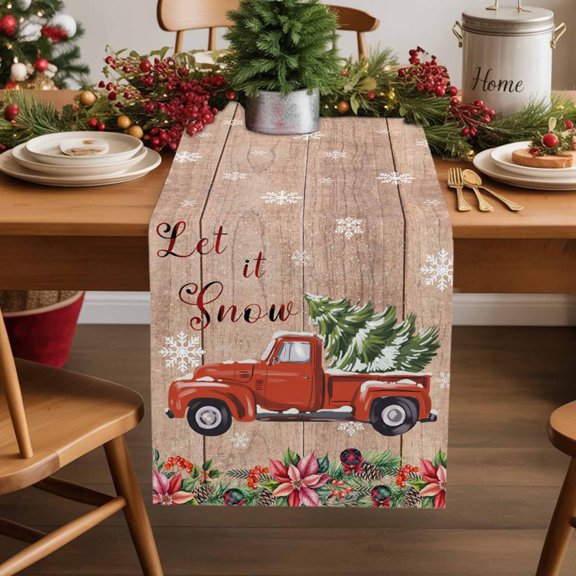 Burlap Table Runner 70 Inches Long,Let Snow Words on Wood Board Non-Slip Kitchen Table Runners for Dining Room Everyday Use Party Table Decorations Pink Flowers Berries