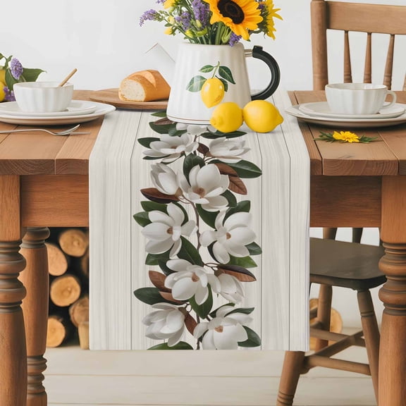 Burlap Table Runner 70 Inches Long,Magnolia Plant Flower Non-Slip Kitchen Table Runners for Dining Room Everyday Use Party Table Decorations Farm Vintage Wood Grain