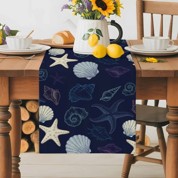 Burlap Table Runner 70 Inches Long, Marine Shell Starfish Conch Non-Slip Kitchen Table Runners for Dining Room Everyday Use Party Table Decorations Seamless Ocean Life Navy Blue