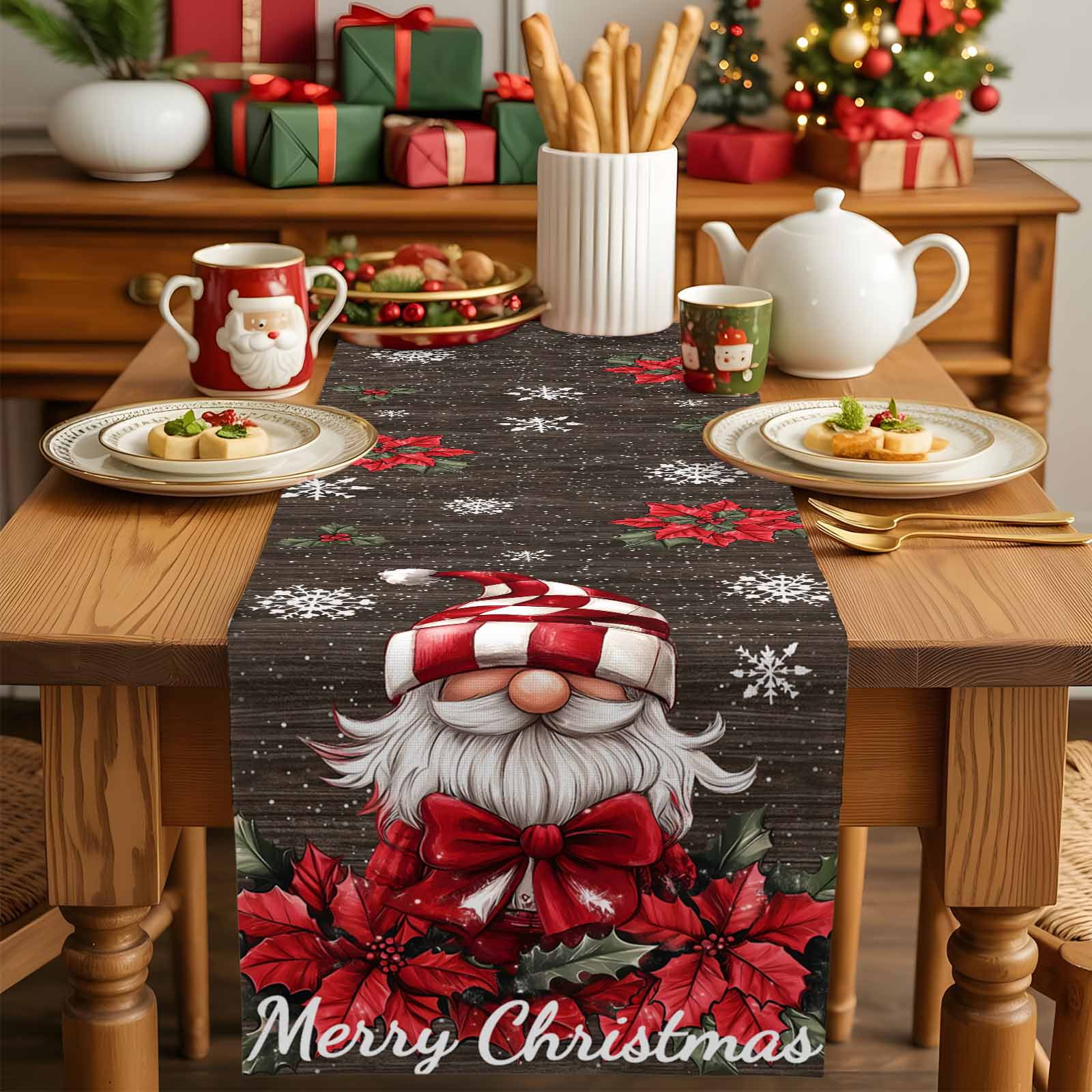 Burlap Table Runner 70 Inches Long,Merry Christmas Poinsettia Gnome Non ...