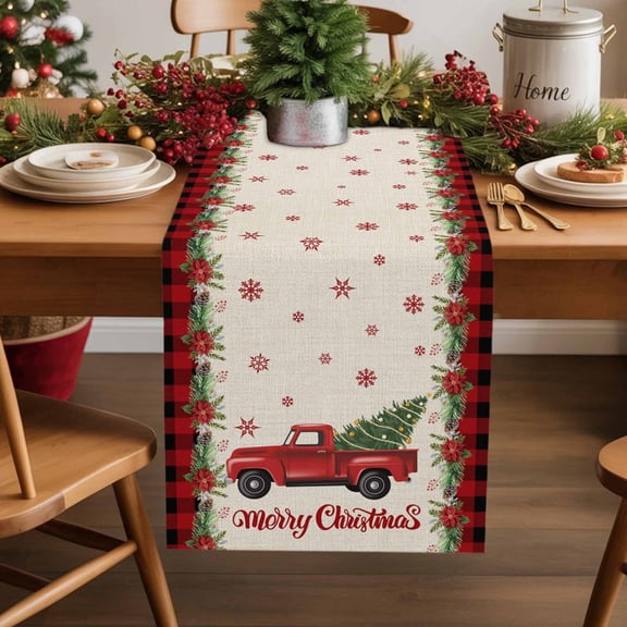 Burlap Table Runner 70 Inches Long,Merry Christmas Red Truck on Beige Non-Slip Kitchen Table Runners for Dining Room Everyday Use Party Table Decorations Red Black Checkered Plaid