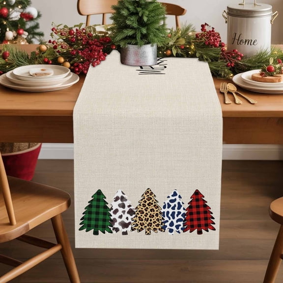 Burlap Table Runner 70 Inches Long,Merry Christmas Tree Plaid Non-Slip Kitchen Table Runners for Dining Room Everyday Use Party Table Decorations Vintage Beige Linen