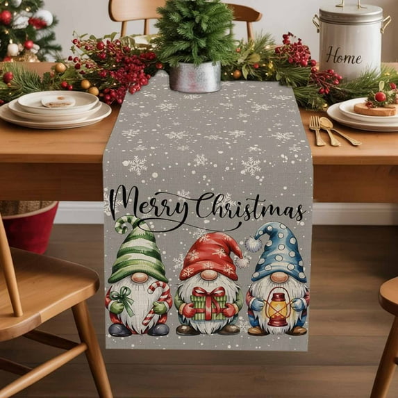 Burlap Table Runner 70 Inches Long,Merry Christmas Words Non-Slip Kitchen Table Runners for Dining Room Everyday Use Party Table Decorations Green Red Blue Hat Gnomes